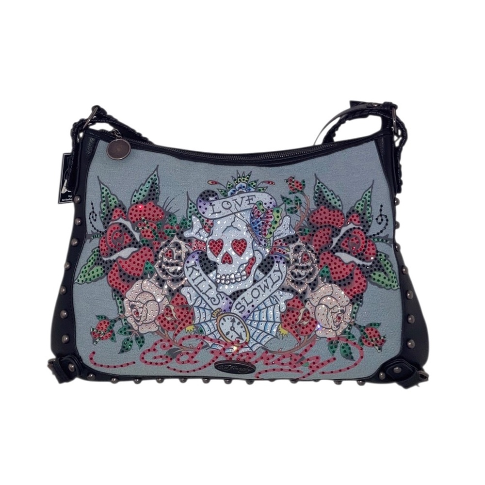 Ed Hardy Black Shoulder Bag with Rhinestone Accents NEW